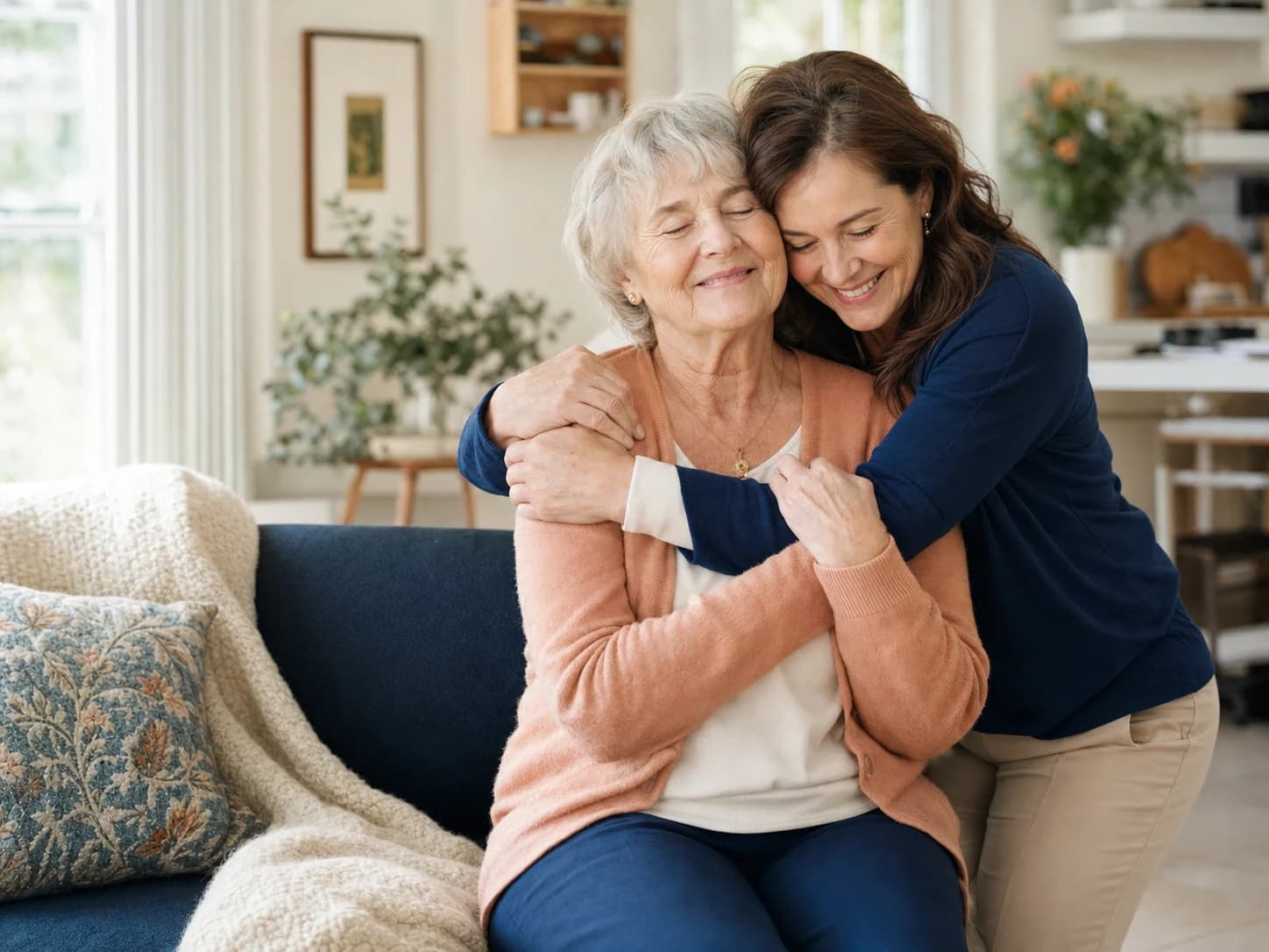 Mother and daughter embracing at home